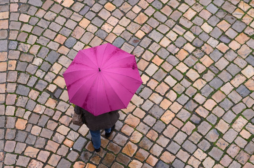 Eine Frau geht mit einem Regenschirm auf einer Straße entlang.