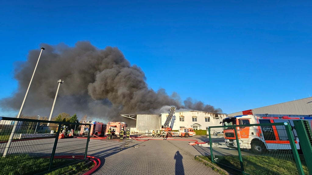 Eine Rauchwolke steigt über einer brennenden Lagerhalle auf.