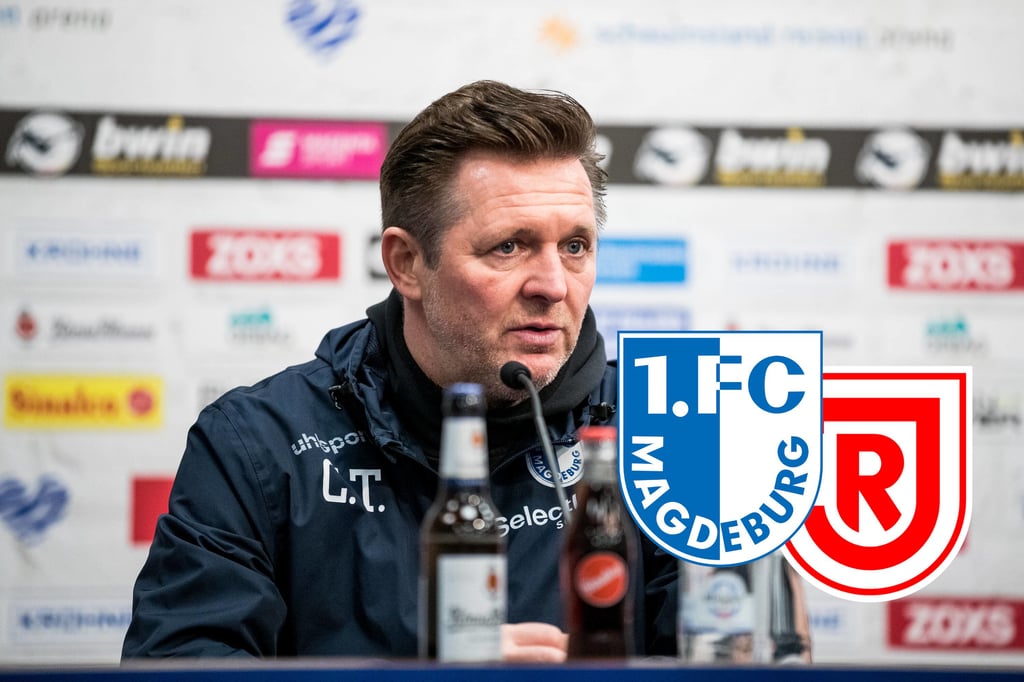 Christian Titz, Cheftrainer vom 1. FC Magdeburg, bei einer Pressekonferenz. Seine Mannschaft muss am Sonntag gegen Jahn Regensburg antreten.