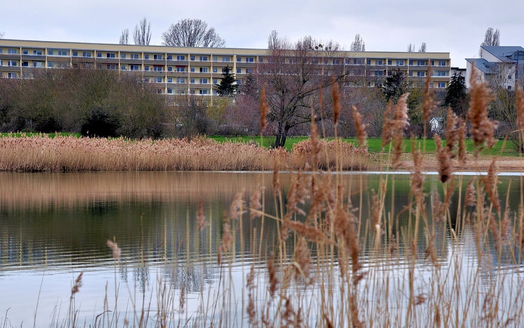 Blick über den Salbker See auf die Wohnblöcke oberhalb des Westufers. Derzeit ist völlig unklar, was aus dem Gewässer, das durch den Kiesabbau entstanden ist, werden soll. In der Stadtpolitik wird über eine Zufuhr von Wasser aus der Elbe diskutiert.