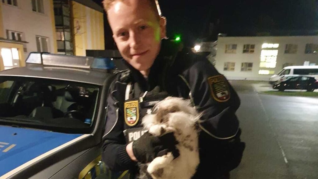 Polizist Pascal Zippro mit dem eingefangenen „Hasen“.
