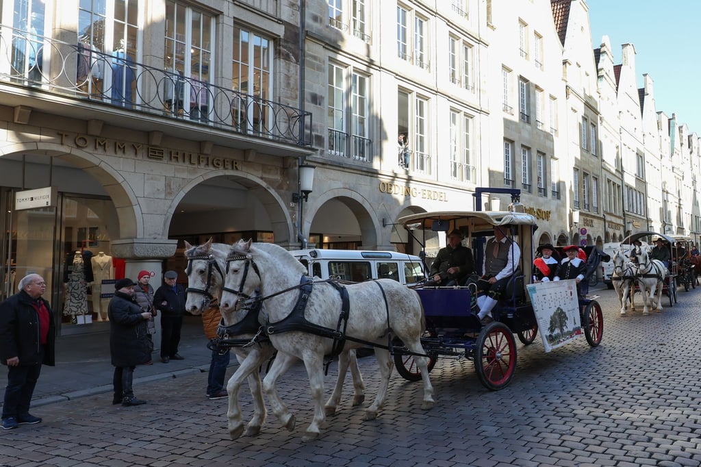 Pferdekutschen setzen sich auf dem Prinzipalmarkt vor dem Rathaus in Bewegung.