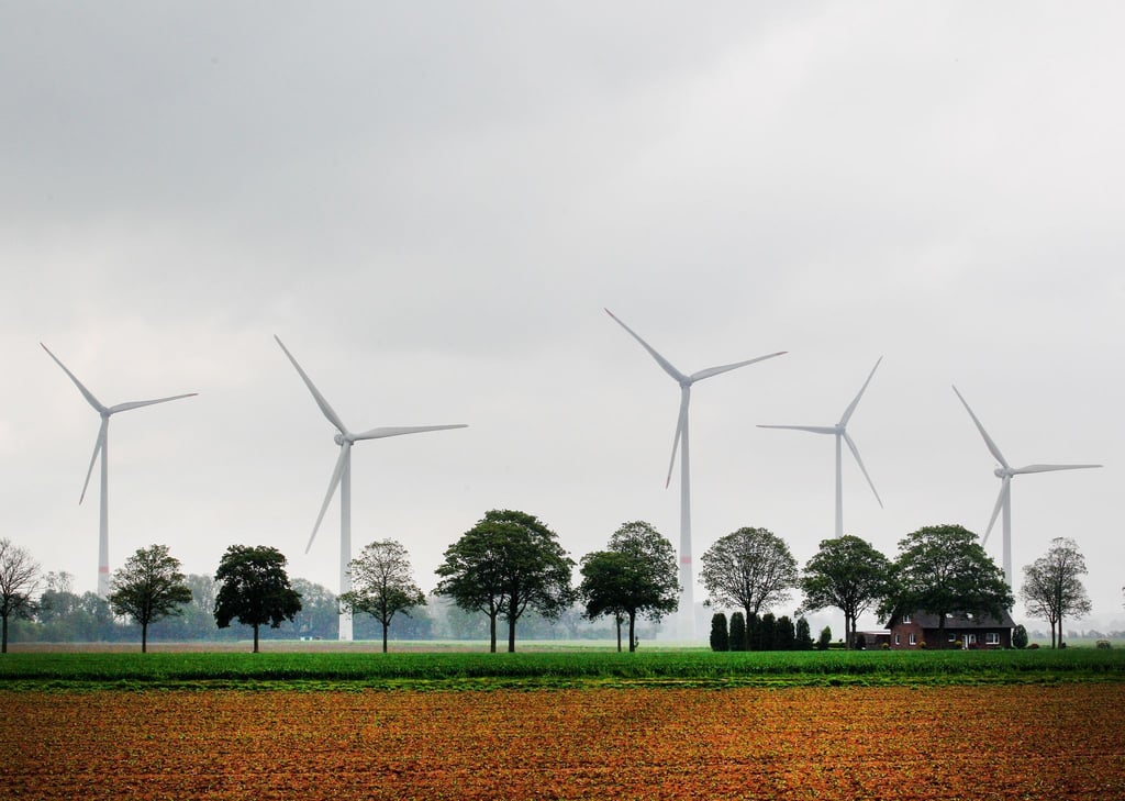 Windkraftanlagen hinter Feldern.