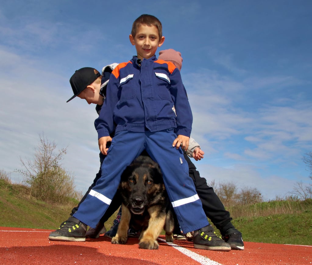 Schäferhund Sam kommt hier durch die Beine der Kinder geflitzt. Den Suchhund des Arbeiter-Samariter-Bundes schlossen die Calbenser Grundschüler nach wenigen Minuten in ihr Herz.
