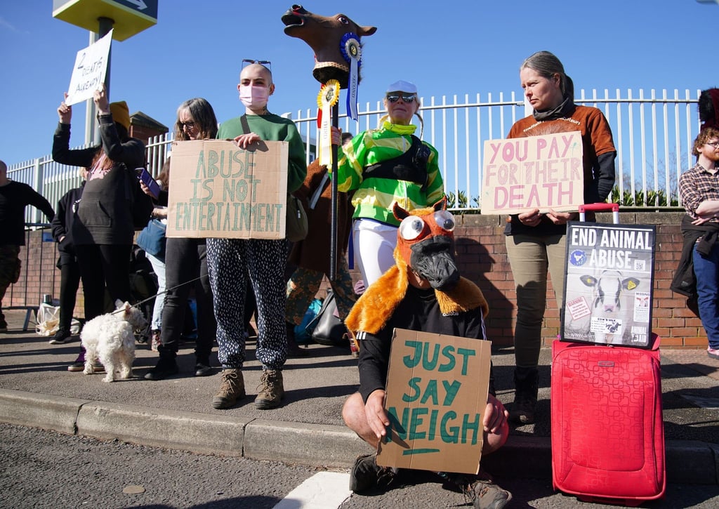 Tierschutz-Aktivisten protestierten beim Grand National Festival auf der Rennbahn von Aintree.