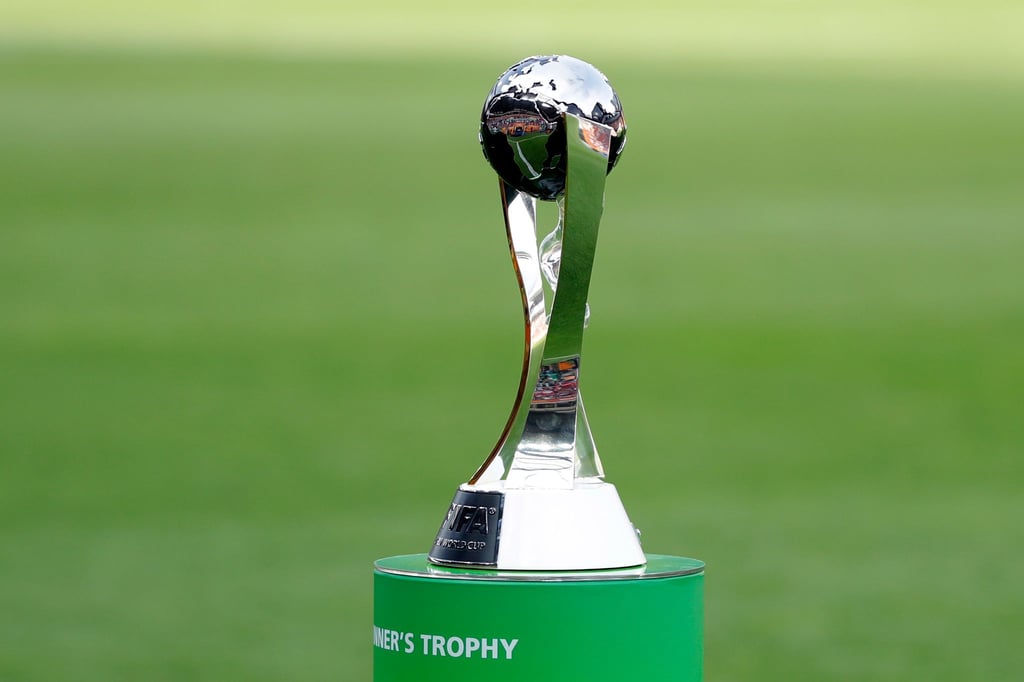 Ein Blick auf den Pokal auf dem Spielfeld bei der U20-Fußballweltmeisterschaft.