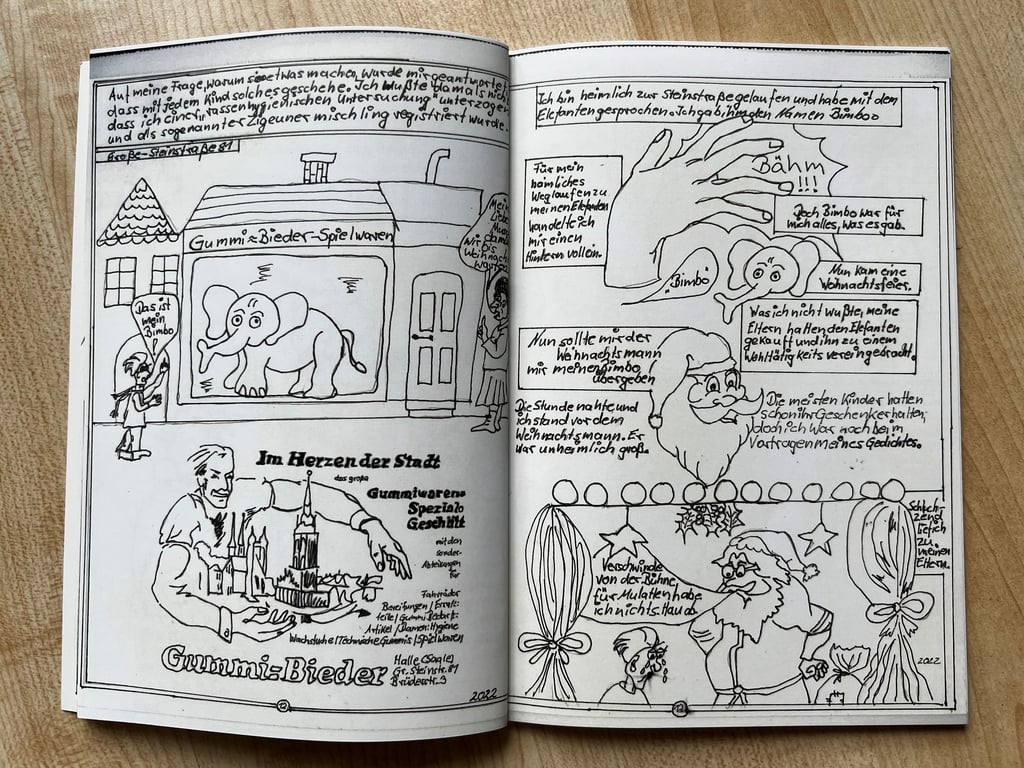 Diskriminierung und Unterstützung – Josef Muscha Müller hat beides erfahren. Auf 56 Seiten haben Jugendliche seine Geschichte in einem Comic erzählt. Auf dieser Seite zeigen sie, wie sehnsüchtig Muscha sich einen Plüschelefanten gewünscht hatte. Der rassistische Weihnachtsmann hingegen verwehrte ihm den Wunsch und beleidigte ihn.