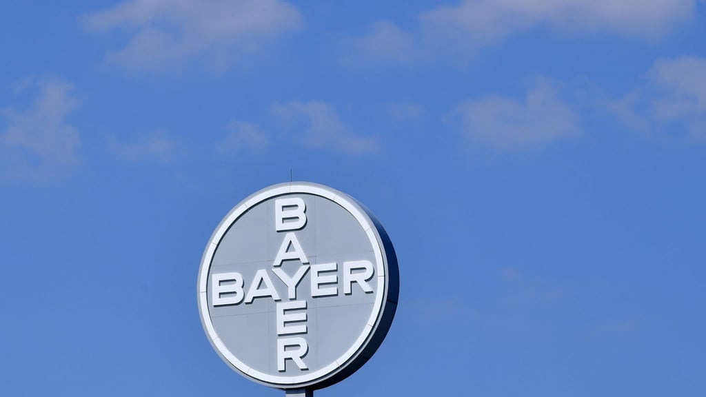 Blick auf das Logo am Werk der Bayer Bitterfeld GmbH.