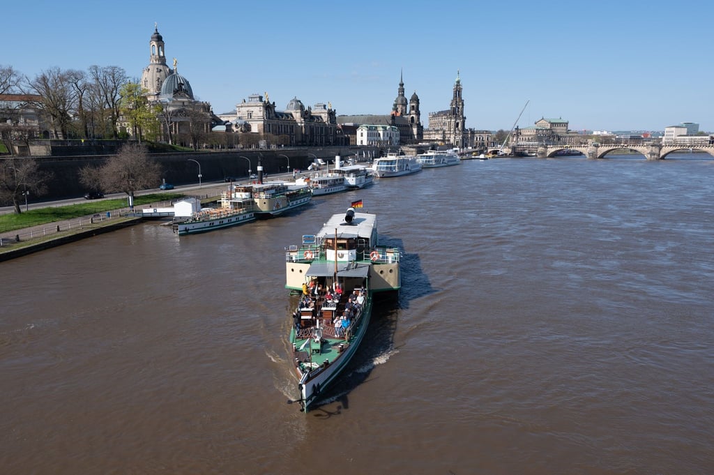 Ein historischer Dampfer der Sächsischen Dampfschiffahrt fährt auf der Elbe vor der Kulisse der Dresdner Altstadt.