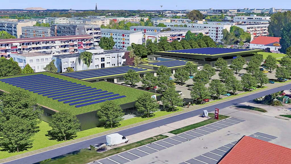 Diese Visualisierung zeigt, wie das Einkaufszentrum am Olvenstedter Scheid in Magdeburg nach seiner Neuordnung aussehen könnte. Im Rahmen des späteren Baugenehmigungsverfahrens und der dann folgenden Ausführungsplanung können sich noch Abweichungen und/oder Ergänzungen ergeben.