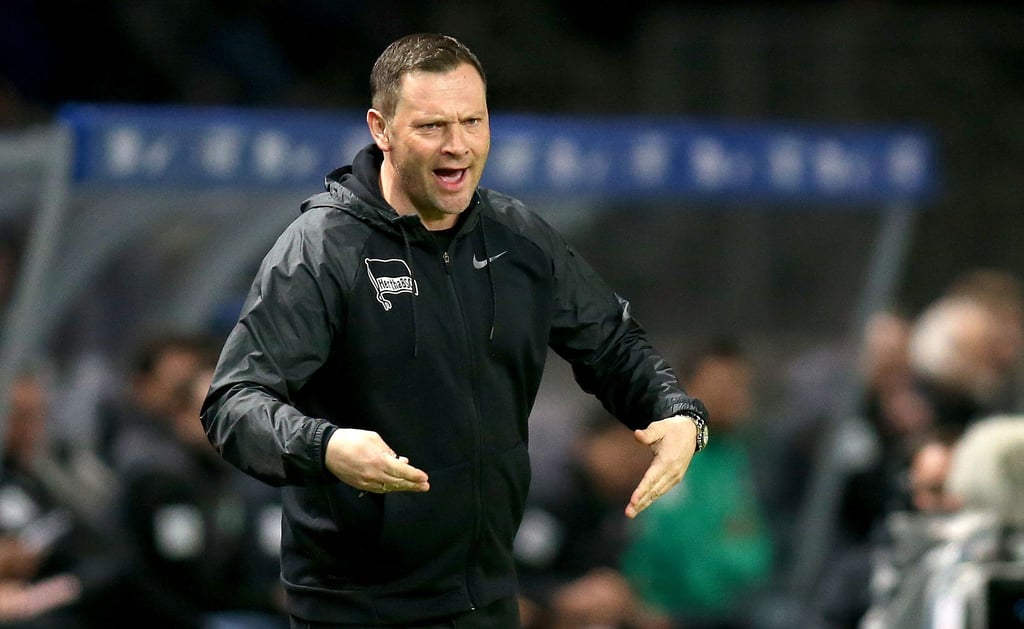Trainer Pal Dardai von Hertha BSC steht gestikulierend am Spielfeldrand.