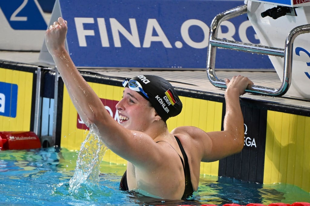 Angelina Köhler aus Deutschland jubelt. In Berlin schwamm sie deutschen Rekord.