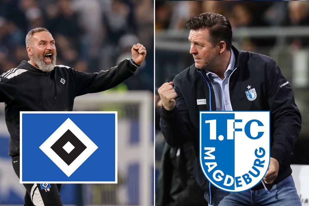 Tim Walter (l.), muss mit seinem HSV gegen den 1. FC Magdeburg auswärts antreten - FCM-Cheftrainer Christian Titz wird sich seinen Gegner genau angeschaut haben.
