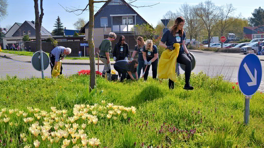 Treffpunkt war in Langenweddingen die Kreissparkasse. Von dort aus ging es sofort zur Verkehrsinsel am Holzweg. Hier sammelten die Helfer zusammen mit Mitarbeitern von Amazon den Müll ein und jäteten das Unkraut raus.
