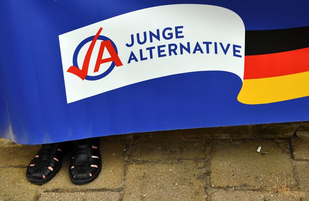 Ein Mann hält ein Plakat der AfD-Jugendorganisation Junge Alternative (JA). Die Jugendorganisation der AfD wird vom Verfassungsschutz inzwischen als gesichert rechtsextremistische Bestrebung beobachtet.