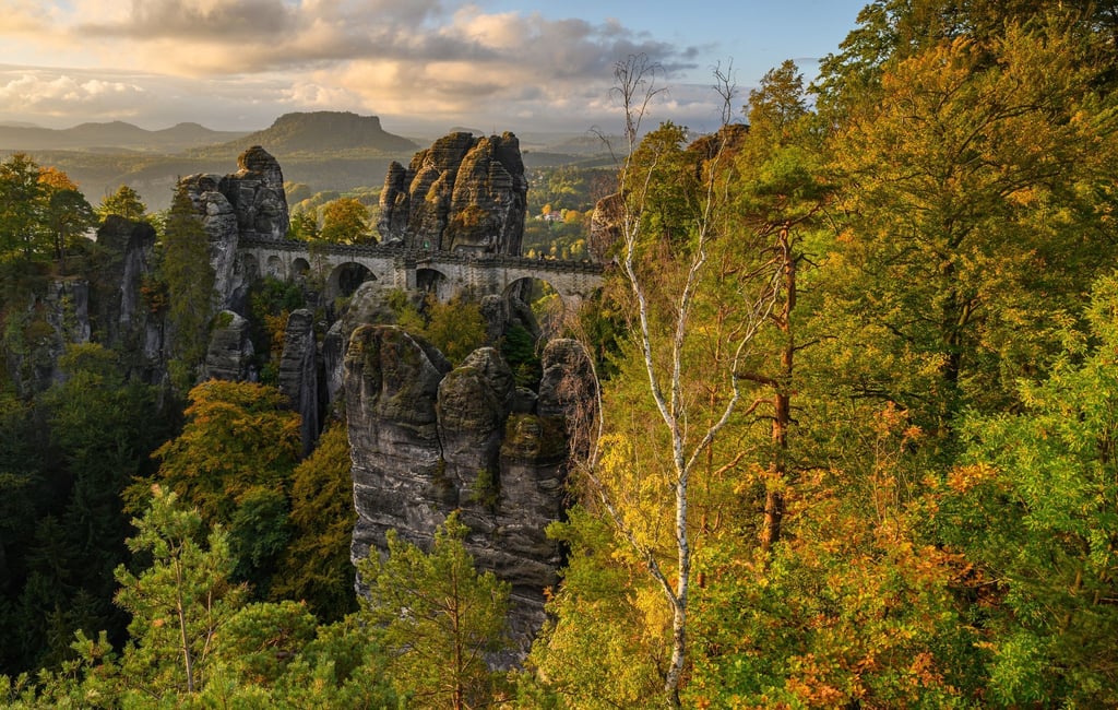Sonnenlicht fällt am Morgen auf die herbstlich gefärbten Bäume im Nationalpark Sächsische Schweiz nahe der Basteibrücke.
