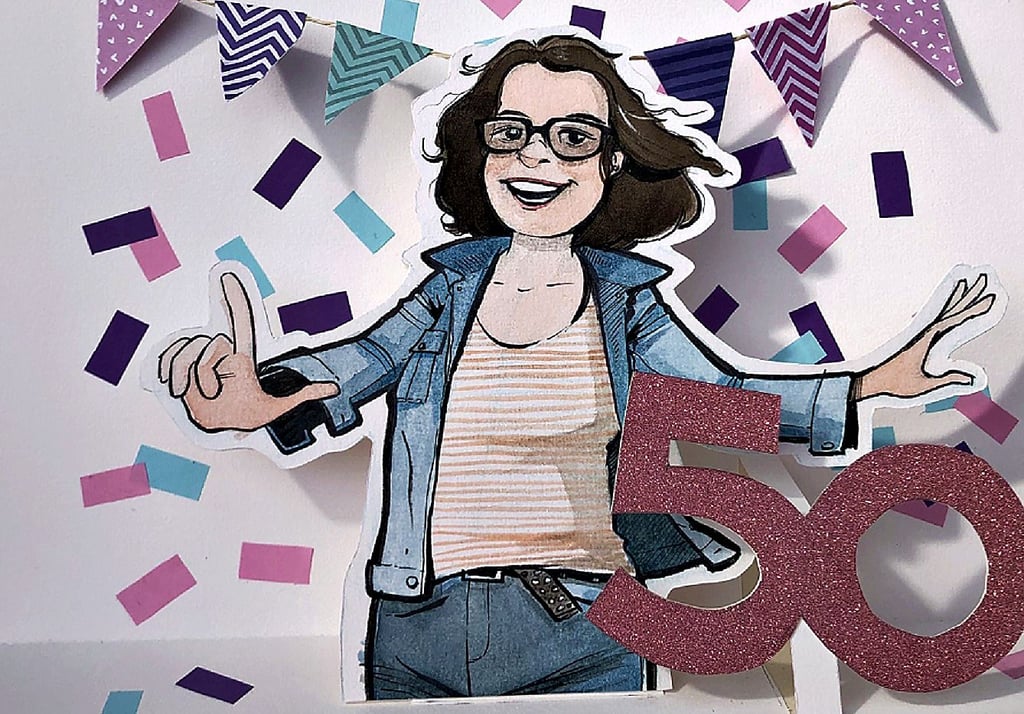Wenn das kein Hingucker ist: Jana Leverenz auf einer Karikatur, die ihr ihr Mitschüler Mario Stieber zum 50. Geburtstag geschickt hat.