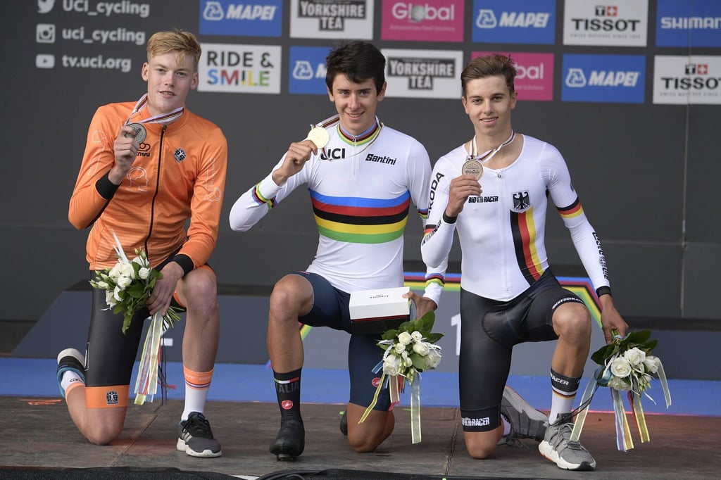Radprofi Antonio Tiberi (M.) 2019 beim Gewinn der Junioren-Weltmeisterschaft im Einzelzeitfahren.