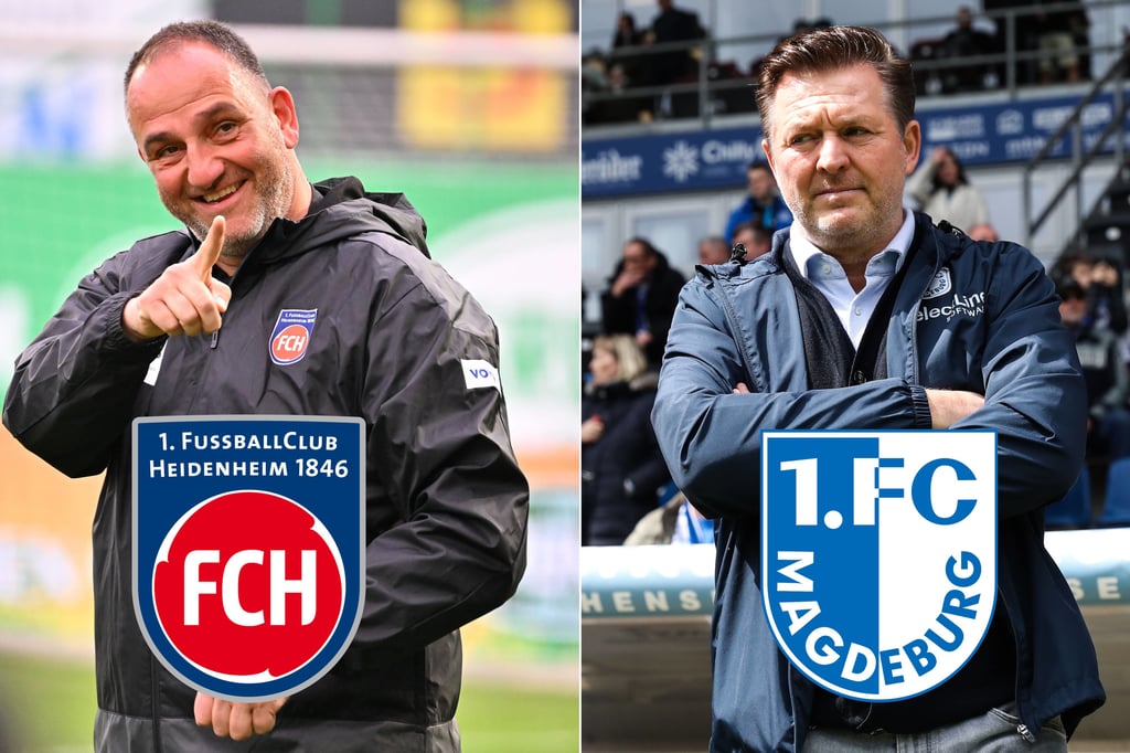 FCM-Cheftrainer Christian Titz (r.) und 1. FC Heidenheim-Trainer Frank Schmidt vor dem Duell auf der Ostalb.