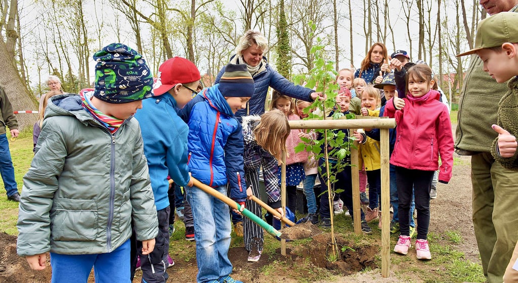 Die Grundschüler aus Welbsleben haben gemeinsam mit der Schutzgemeinschaft Deutscher Wald eine Elsbeere am neuen Spielplatz gepflanzt.