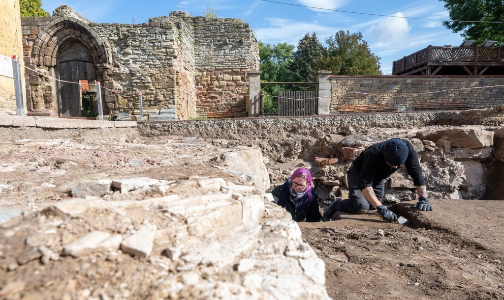 Teilnehmer eines Kolloquiums begutachten das Grabungsfeld auf dem historischen Klosterareal Memleben.