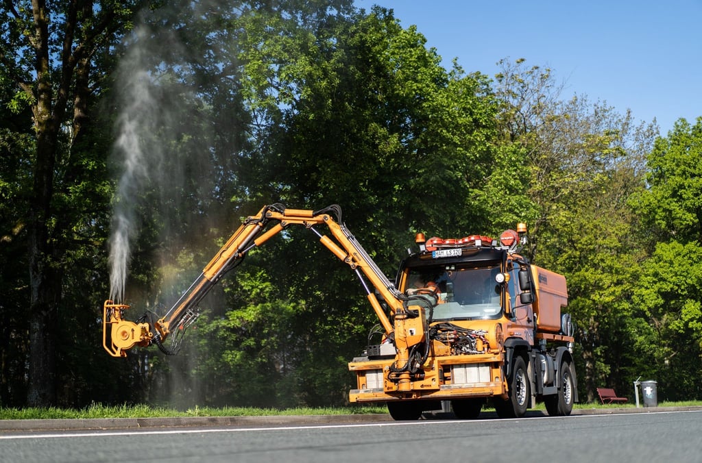 Ein Unimog mit einer Sprühvorrichtung sprüht ein Biozid auf Eichen.