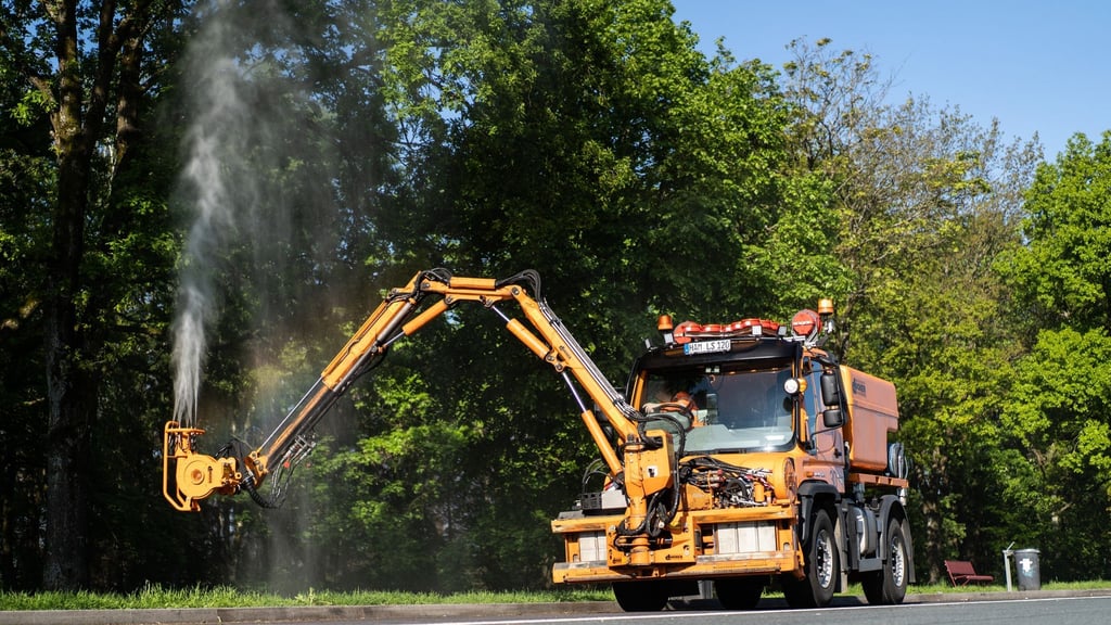 Ein Unimog mit einer Sprühvorrichtung sprüht ein Biozid auf Eichen.