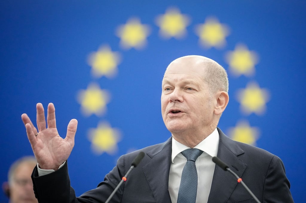 Bundeskanzler Olaf Scholz bei seiner Rede im EU-Parlament in Straßburg.