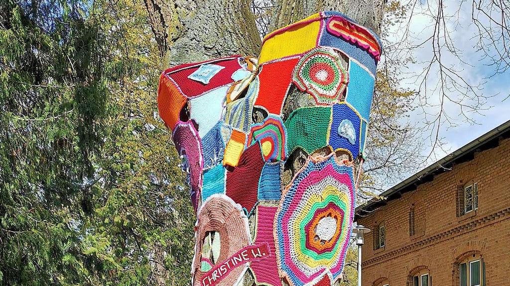 Der Häkelbaum ist nun ein Hingucker in der Schloß Hoym Stiftung.