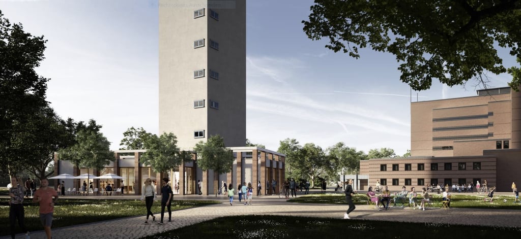So soll sich der neue Basisbau am Albinmüller-Turm ins Umfeld einfügen. Die Säulen lehnen sich optisch an die Fassade der Stadthalle an.