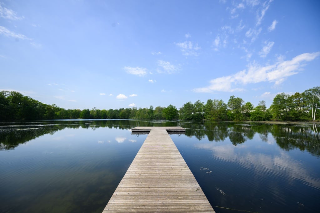 Ein Steg führt in einen See.
