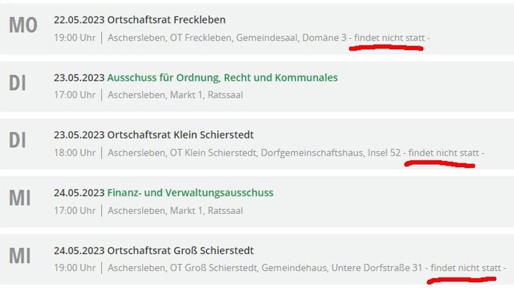 Drei Ortschaftsratssitzungen in Aschersleben fallen aus.
