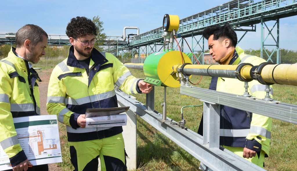 Im „Wasserstoffdorf“ im Chemiepark Bitterfeld-Wolfen kontrollieren Robert Huhn, Professor für Gas- und Wärmenetze an der Hochschule für Technik, Wirtschaft und Kultur Leipzig und die wissenschaftlichen Mitarbeiter Robin Pischko und Thai son Bui (l-r) Wasserstoffrohrleitungen.