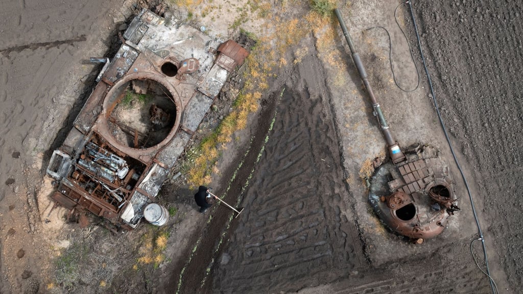 Ein Mann pflanzt in der Region Kiew Sonnenblumen in seinem Garten neben einem beschädigten russischen Panzer und einem Panzerturm.