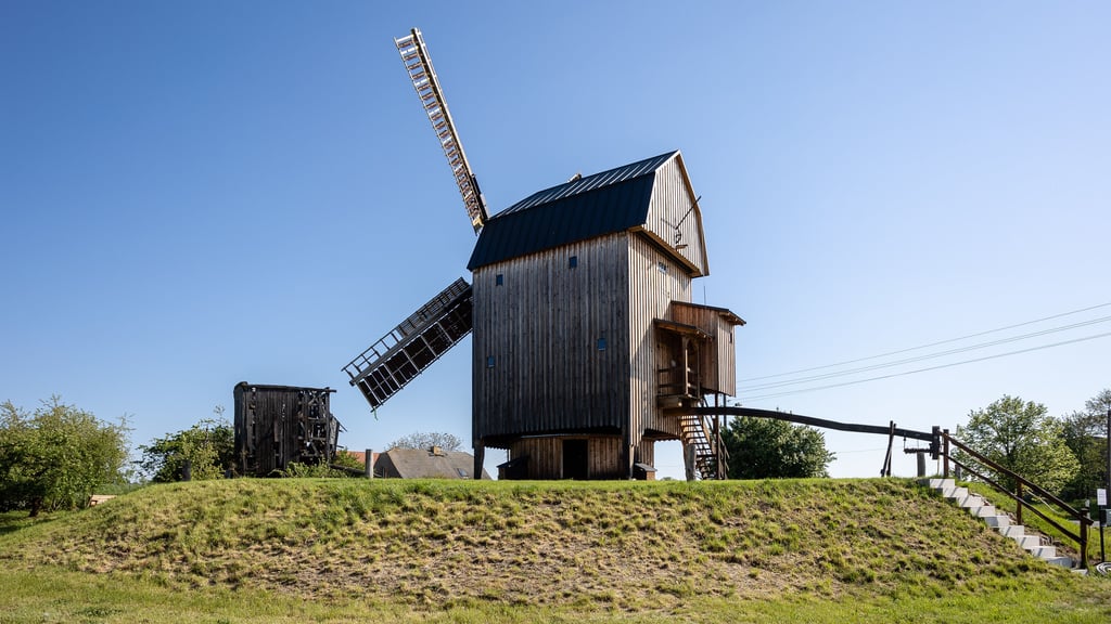 Außen großteils neu, innen historisch: Die Plossiger Bockwindmühle stammt ursprünglich aus Schweinitz. Im Hintergrund ist die Ruine der historischen Plossiger Bockwindühle zu sehen.