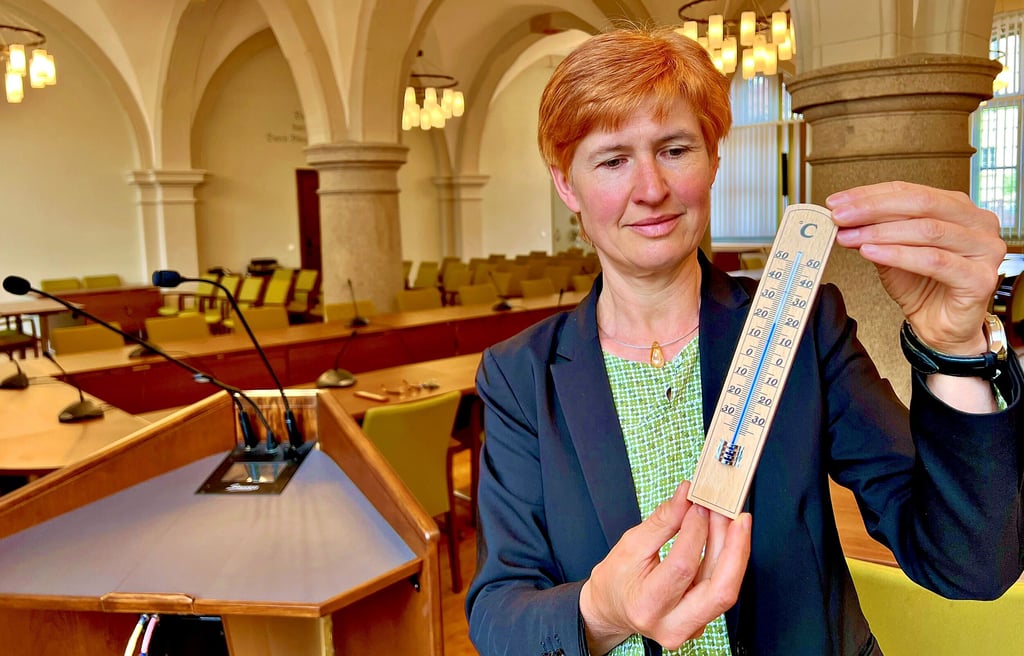Julia Tarlatt, Sprecherin der Bernburger Stadtverwaltung, demonstriert im Ratssaal, dass in Aufenthaltsräumen während des zurückliegenden Winters die Raumtemperatur auf 19 Grad Celsius beschränkt blieb.