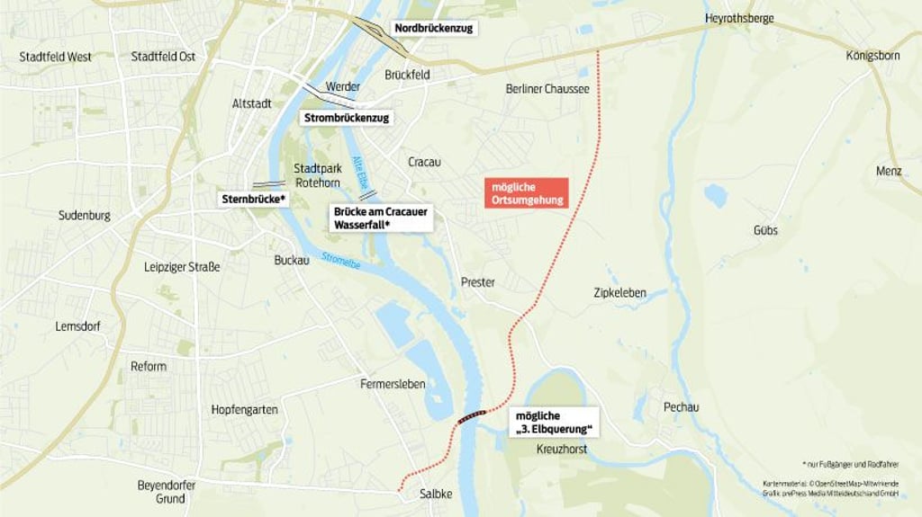 Möglicher Verlauf einer dritten Elbquerung samt Ortsumgehung südlich von Nord- und Strombrückenzug in Magdeburg.