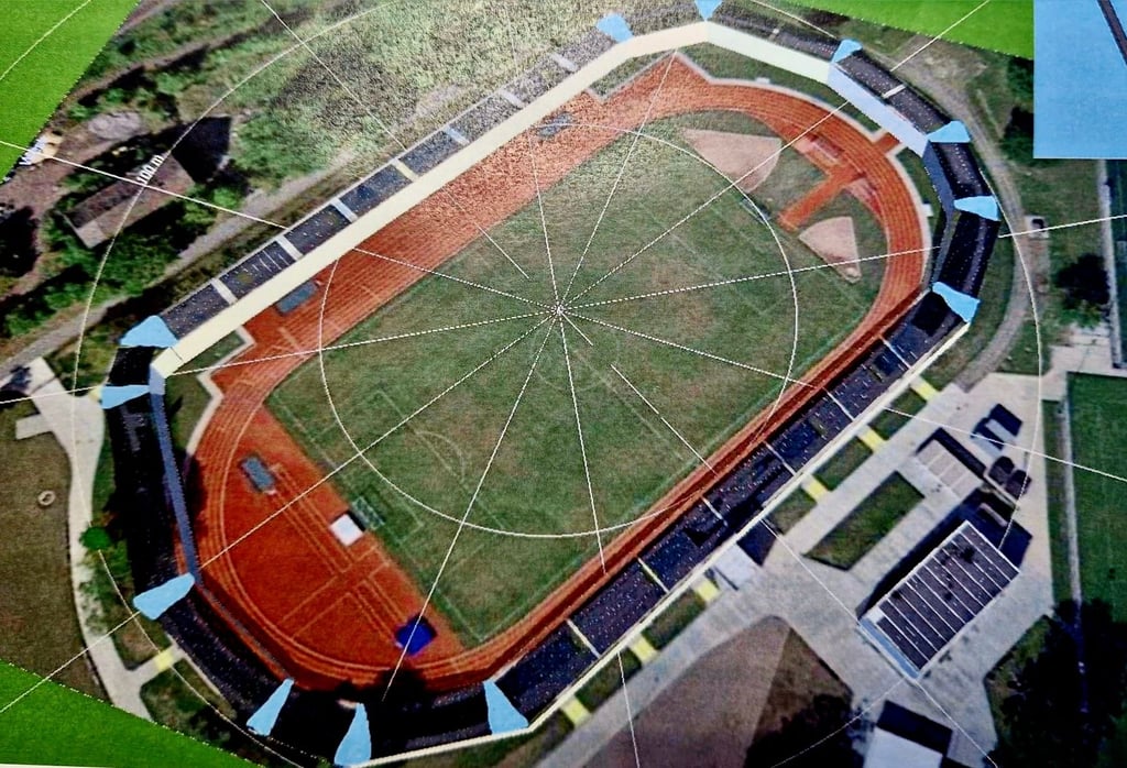 So soll das Thälmannstadion Zeitz von oben mit Dach aussehen.