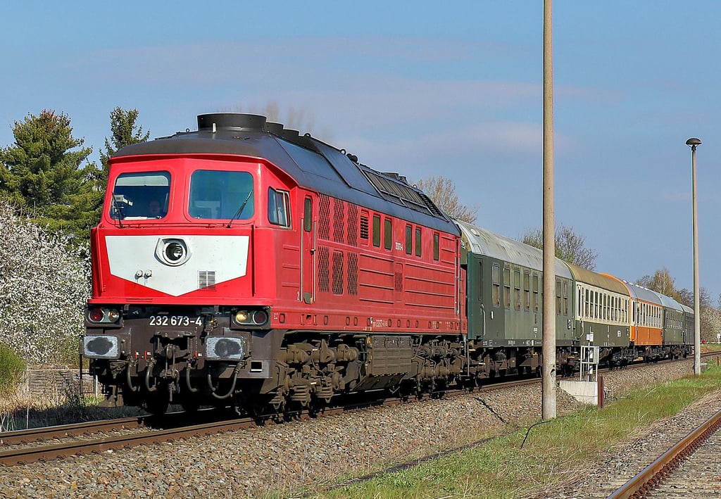 In Orientrot unterwegs. Auch Lok 232 673-4 kommt nach Wittenberg.
