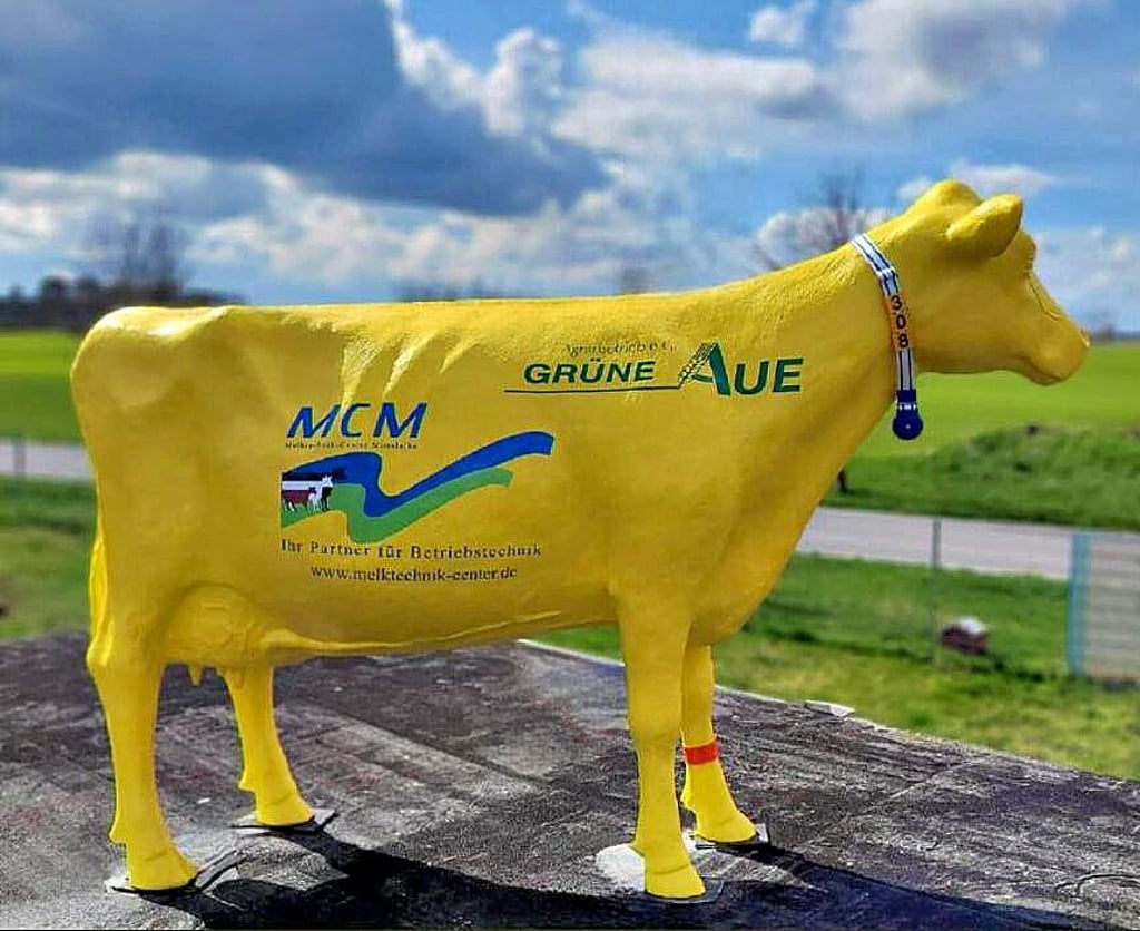Eine gelbe Kuh: Das neue Aushängeschild der Agrarbetriebe Grüne Aue e.G. in Battin wird zum Tag der offenen Tür die Besucher begrüßen.