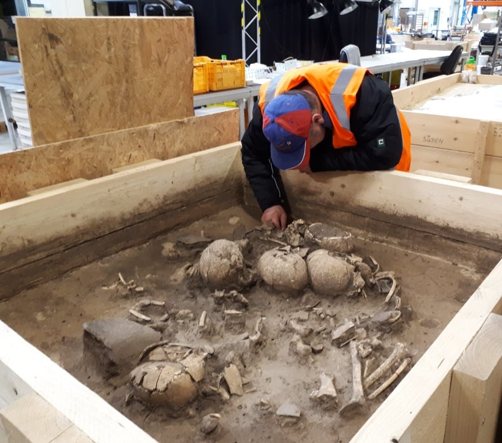 Ein Mitarbeiter des Landesamts für Archäologie gräbt die sogenannte Blockbergung eines Schädeldepots der Salzmünder Kultur, die bei Barby gefunden wurde, aus