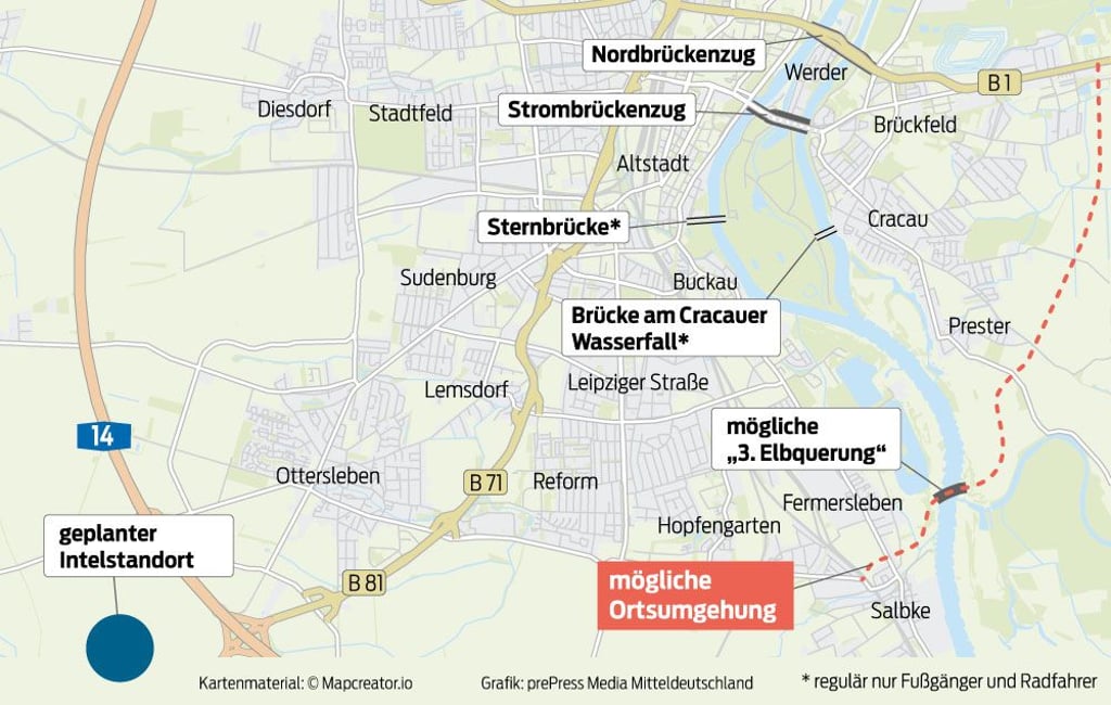 Mit dem Nord- und dem Strombrückenzug (noch bis Jahresende 2023 teilgesperrt) verfügt Magdeburg über zwei große Elbübergänge für den motorisierten Verkehr und Straßenbahnen. Eine dritte große Querung könnte in Südost entstehen.