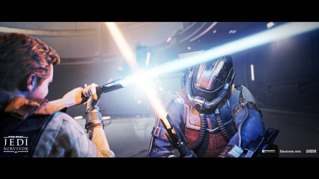 Wie könnte es ohne gehen: Cal Kestis in einem Lichtschwert-Duell in „Star Wars Jedi: Survivor“.