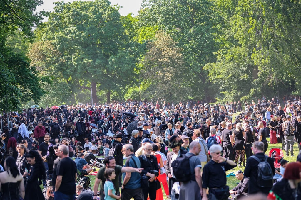 Tausende Menschen besuchen das traditionelle Viktorianische Picknick zum Wave-Gotik-Treffen (WGT) im Clara-Zetkin-Park.