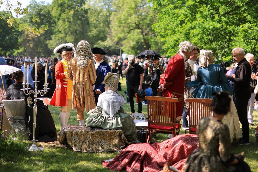 Gäste diskutieren beim traditionellen Viktorianischen Picknick zum Wave-Gotik-Treffen (WGT) im Clara-Zetkin-Park.
