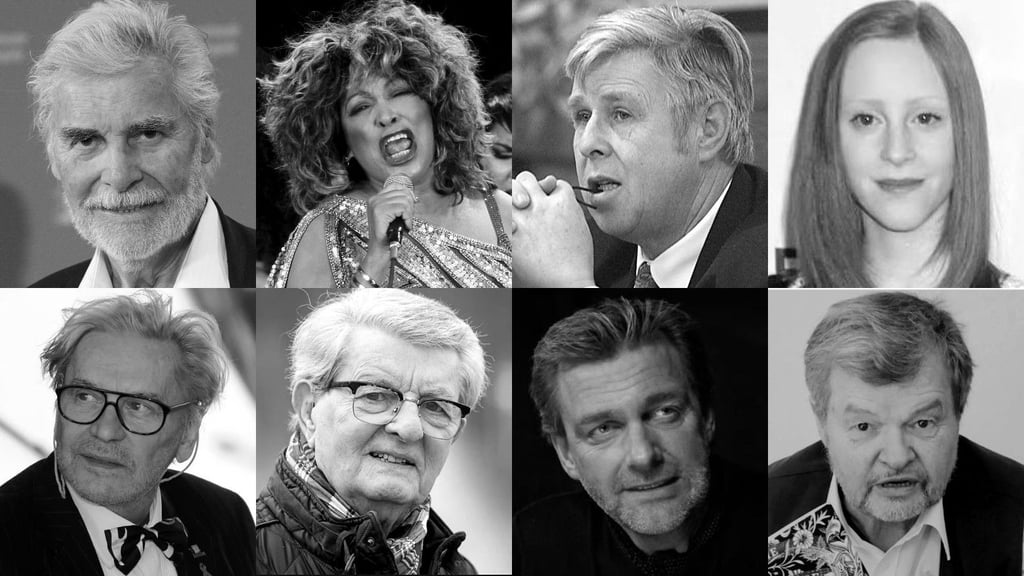 Prominente Todesfälle im Mai und April 2023 (o.v.l.): Peter Simonischek, Tina Turner, Knut Bichoel, Samantha Weinstein; (u.v.l.): Helmut Berger, Klaus Feldmann, Ray Stevenson, Franz Stänner