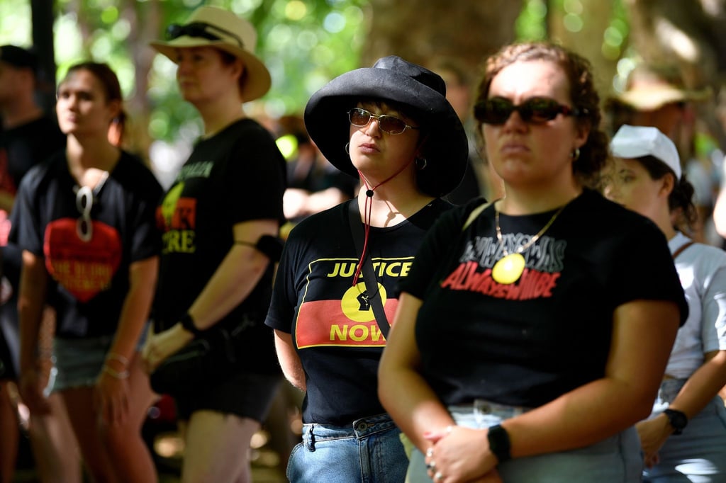 Protest während einer „Invasion Day“-Kundgebung im Rahmen des Nationalfeiertags „Australia Day“ am 26.01.2023.