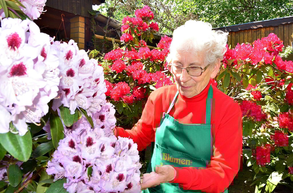 Erika Schuppan steht zwischen ihren Geranien und bereitet sich nach 50 Jahren Selbstständigkeit auf ihren letzten Verkaufstag vor.