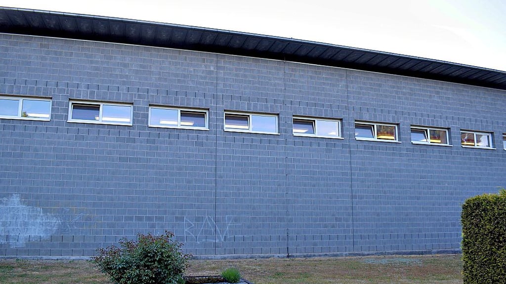 Die Wand der Sporthalle soll zum Friedhof hin begrünt werden. Zur Diskussion stehen eine Baum- und Heckenreihe oder eine Hecke und Begrünung der Fassade.