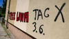 Ein Graffiti „Free Lina 3.6. Tag X" prangt an einem Wohnhaus im Leipziger Süden.n.